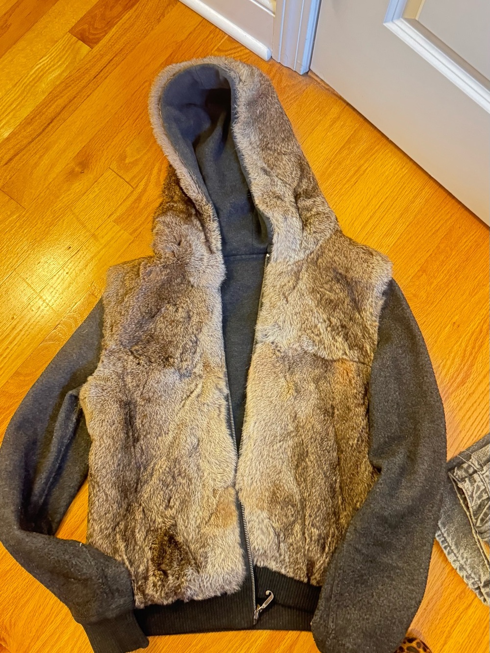 VIntage Y2K Juicy Couture Reversible rabbit fur  Hooded Zip Jacket - Gray/Brown